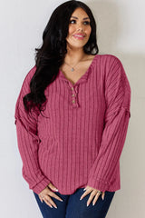 Trendsi Basic Bae Full Size Ribbed Half Button Long Sleeve T-Shirt -