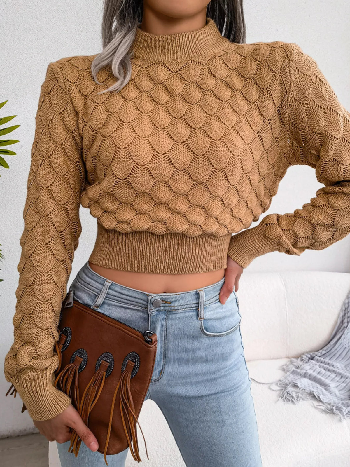Mock Neck Textured Cropped Sweater in camel, front view