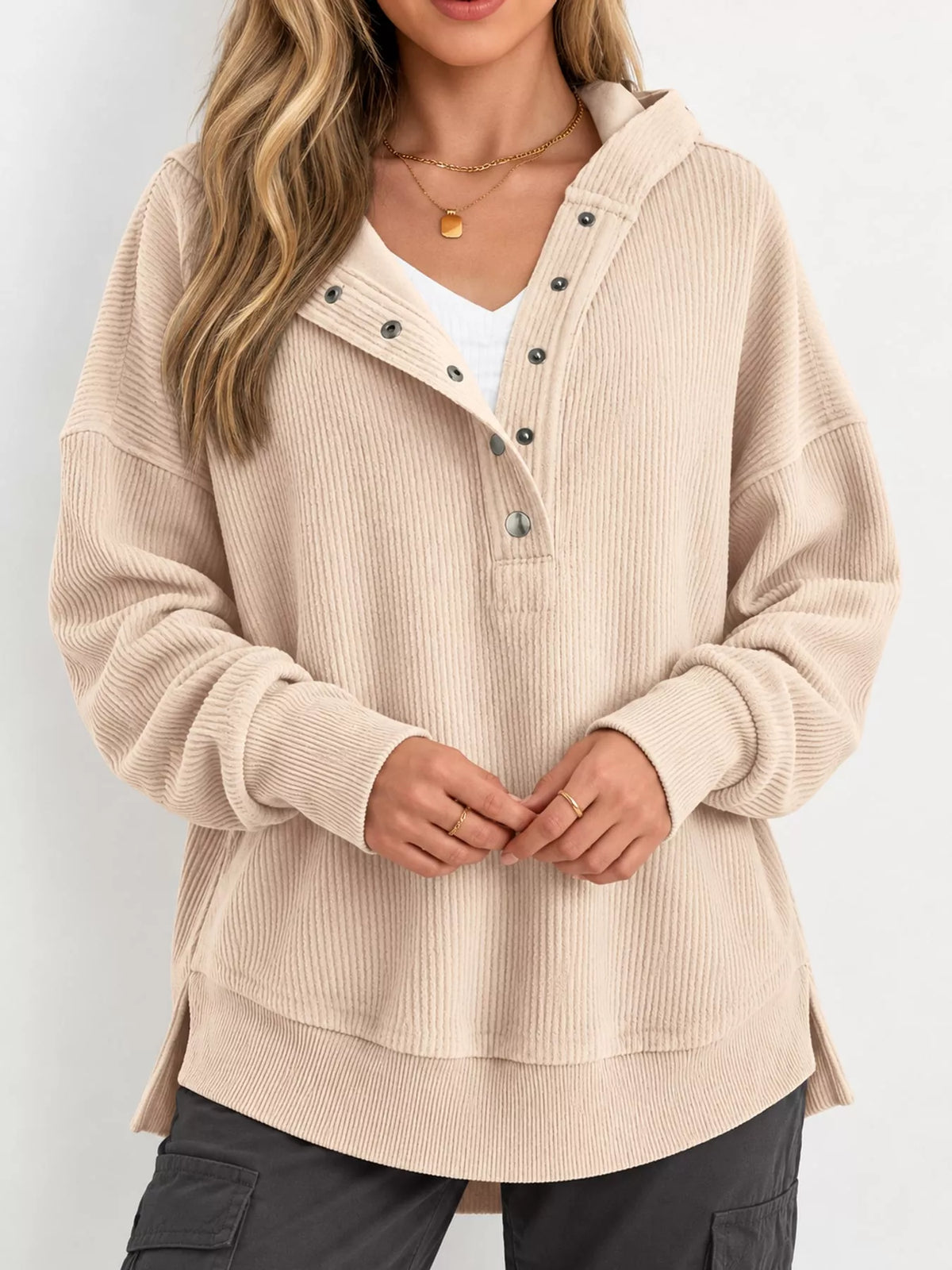 Women's Snap Button Placket Dropped Shoulder Hoodie in cream — front view