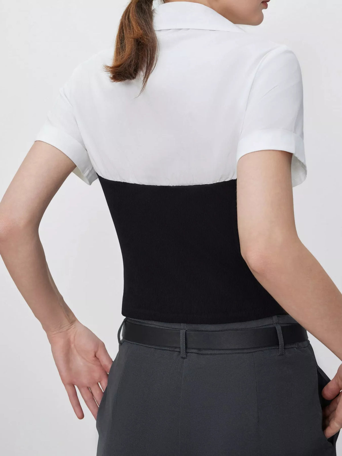 Color-Block Short Sleeve Blouse, back view in black and white