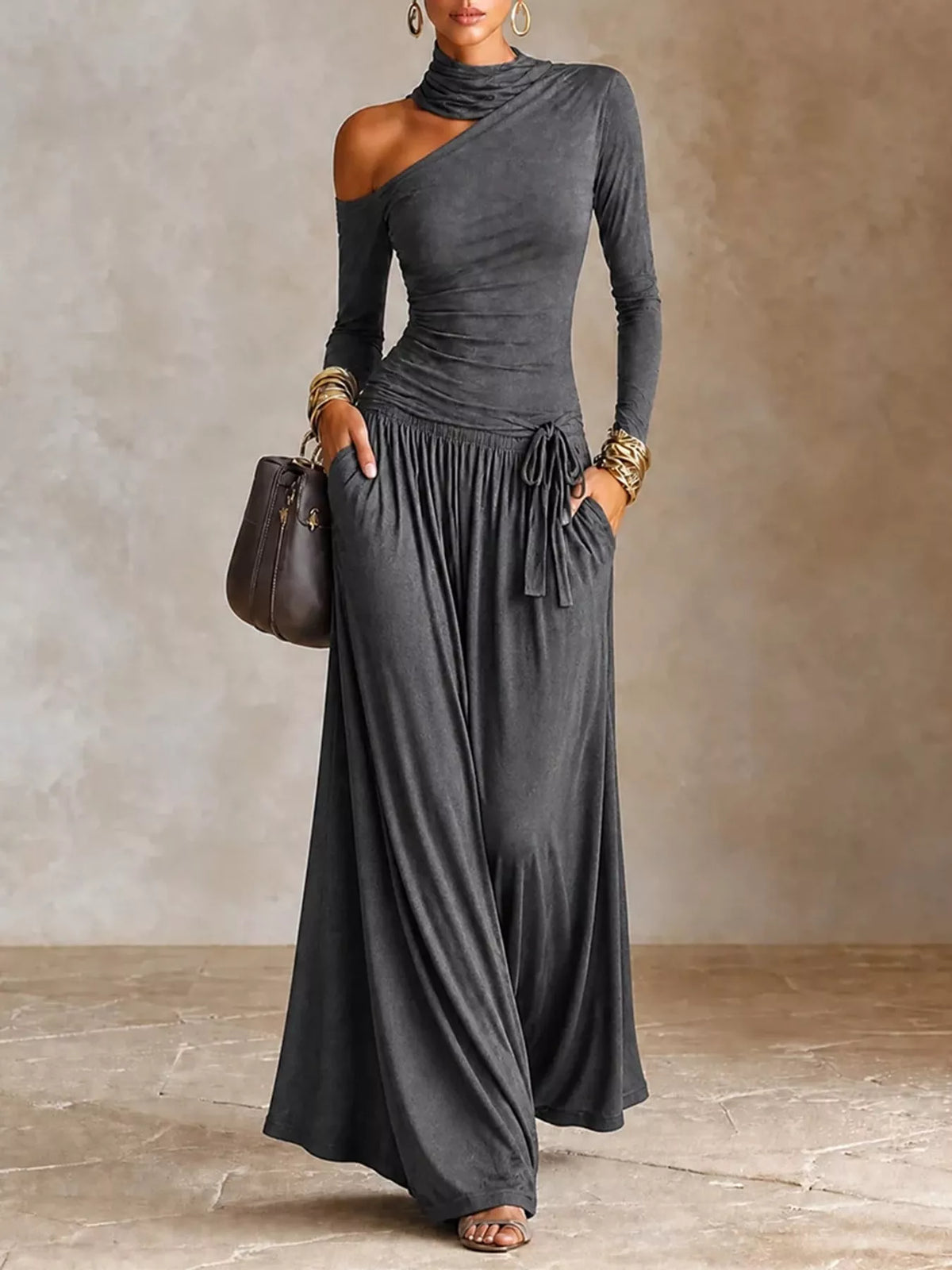 Dark gray asymmetric shoulder-cutout maxi dress with gathered skirt