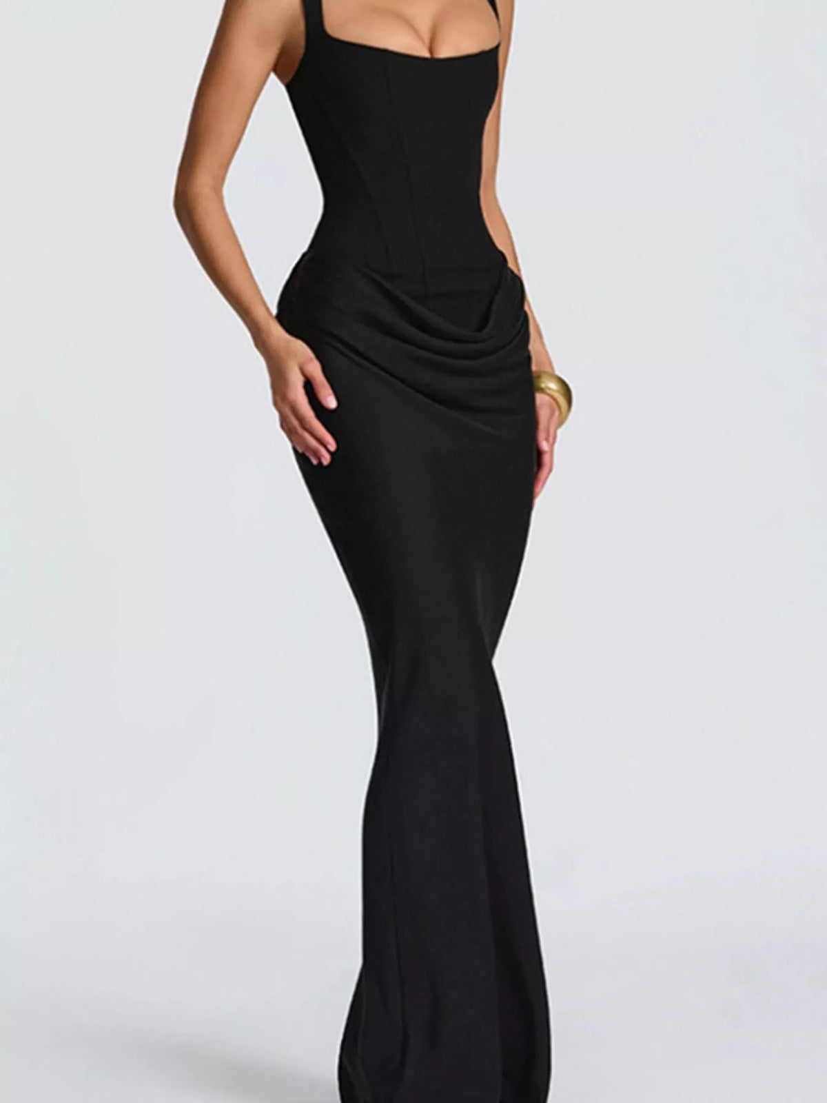 Square neck sleeveless maxi dress, front view on model