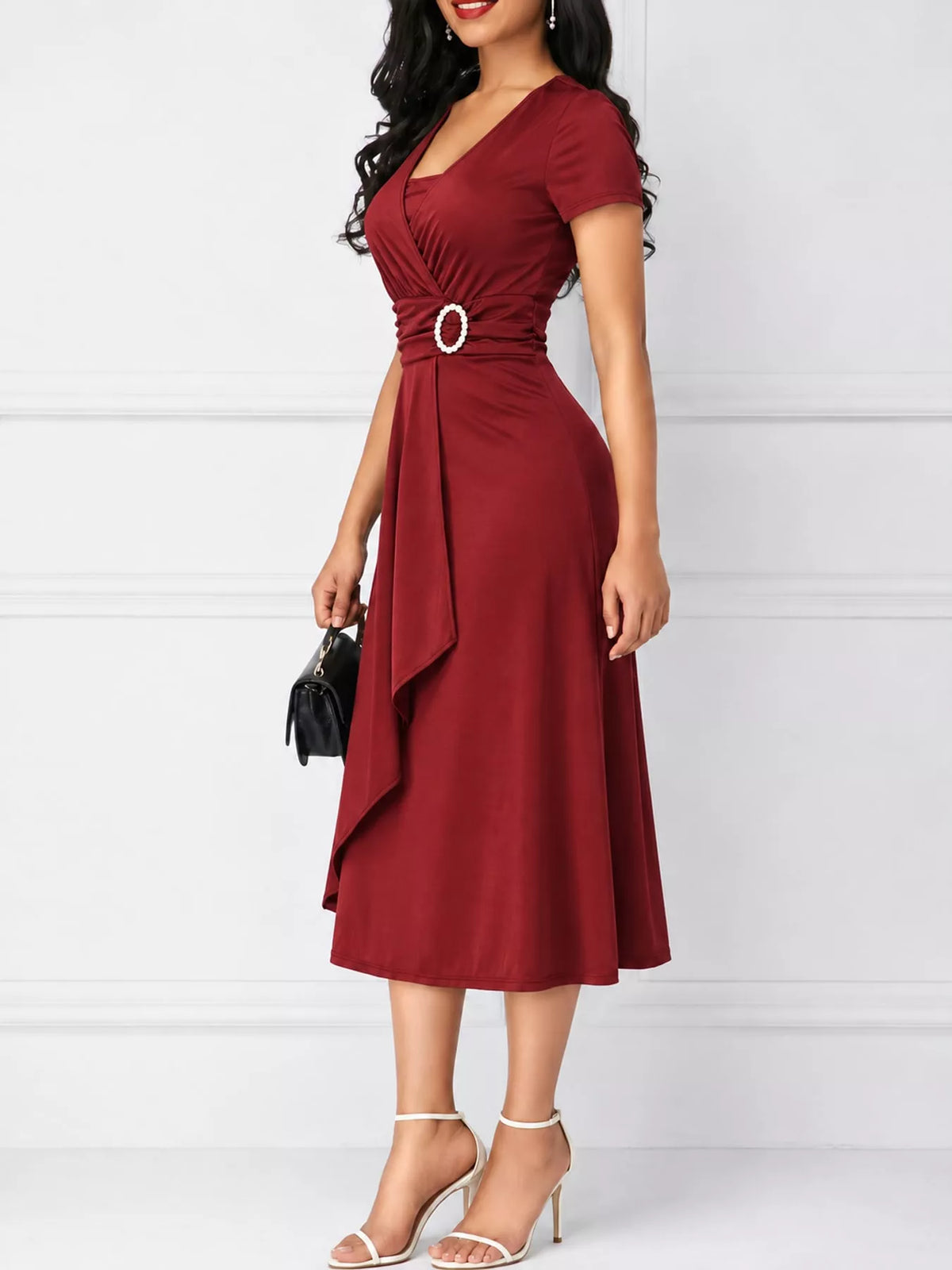Decorative Buckle Short Sleeve Dress — front view