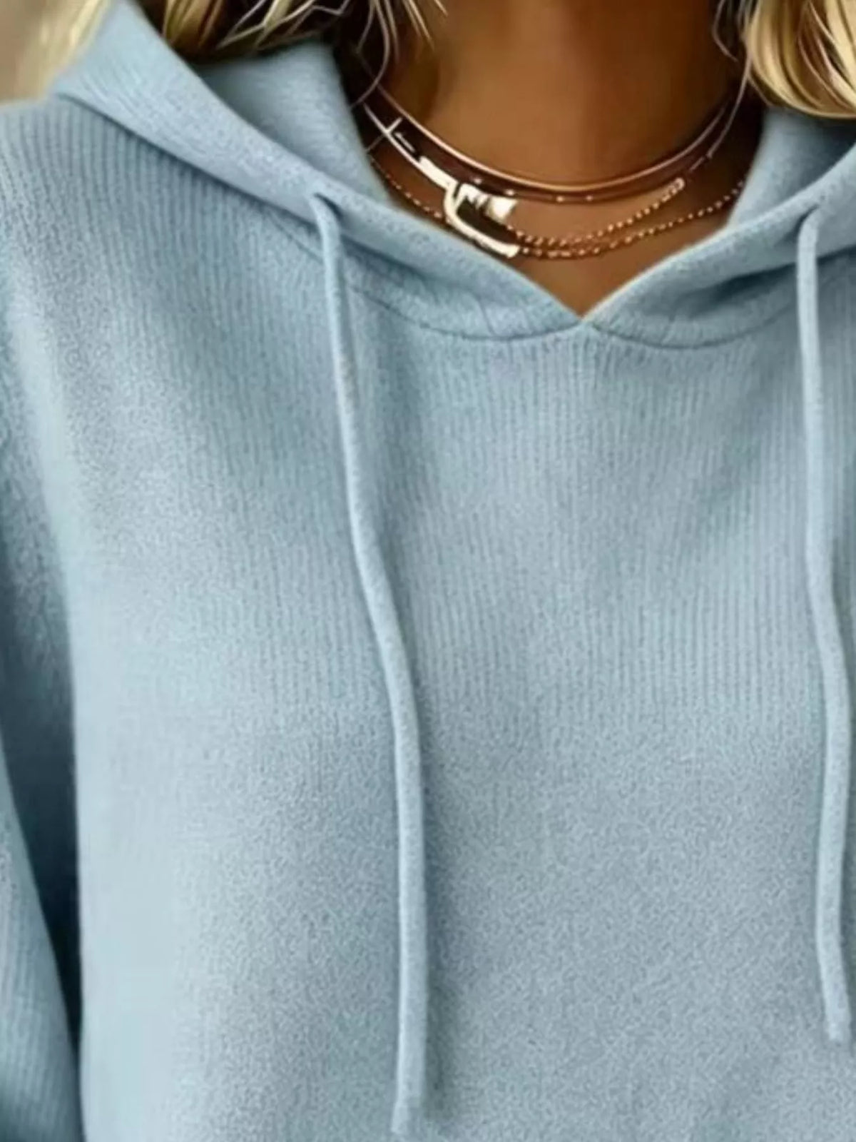 Women's Drawstring Kangaroo Pocket Hooded Sweater in light blue — neckline detail view