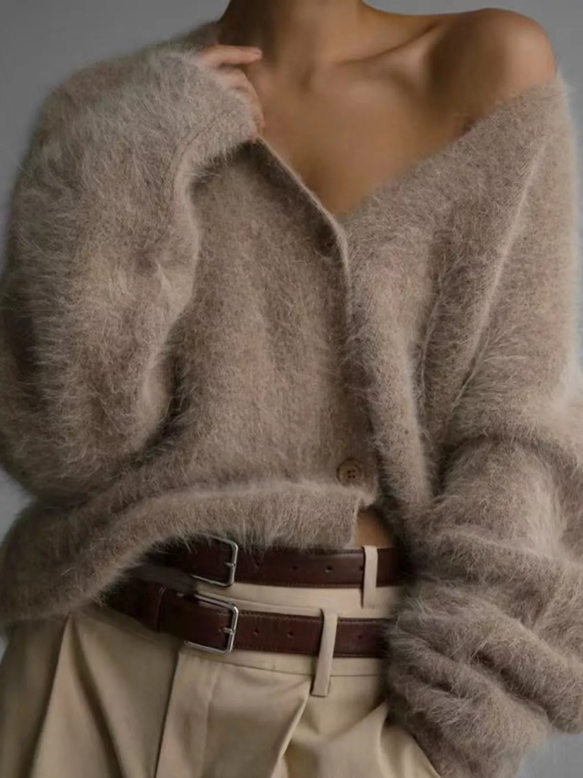 Taupe fuzzy v-neck button-down cardigan, V-neckline, button front, and cuff texture