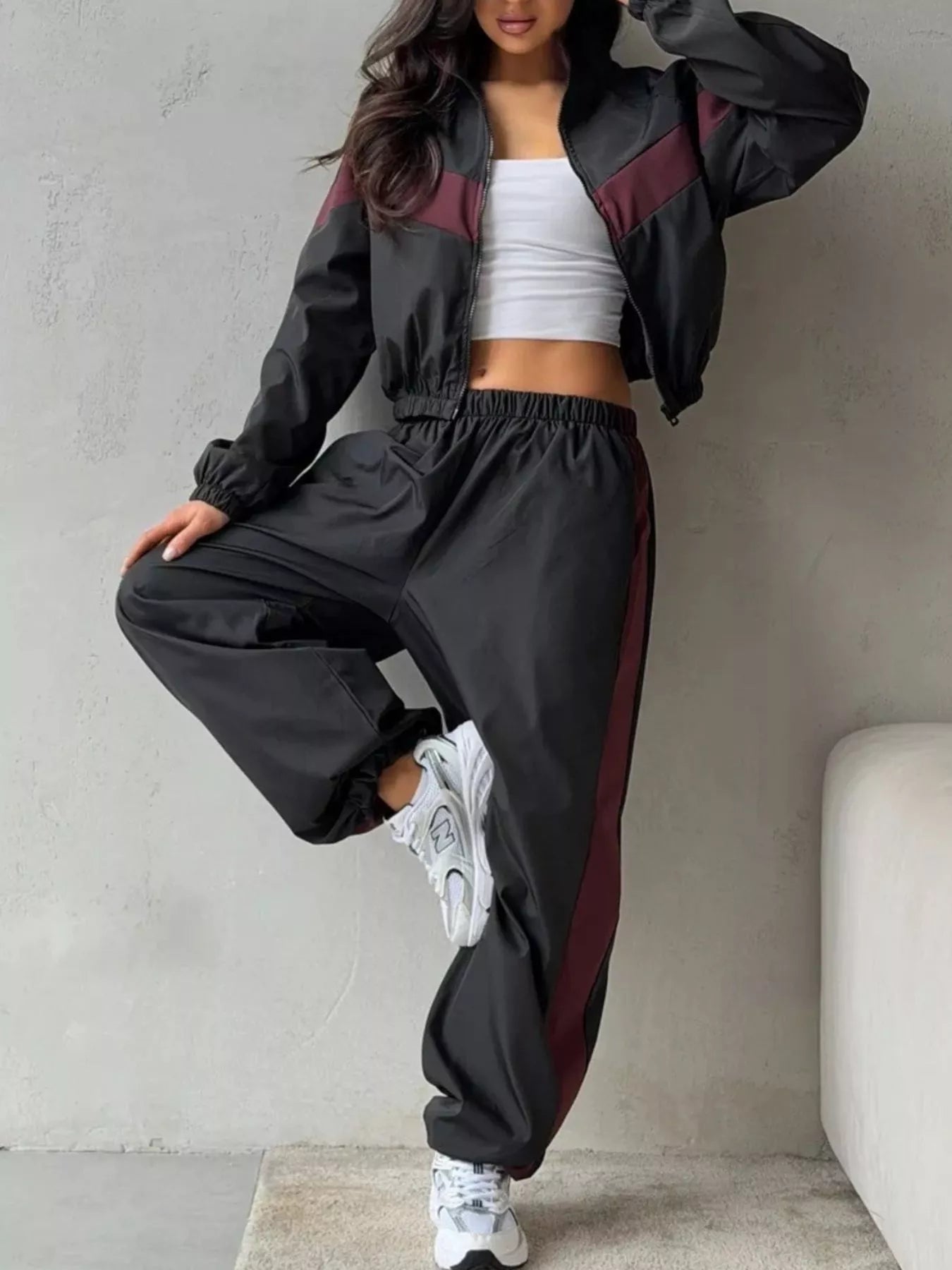 Trendsi Color Block Zip Up Outerwear and Pants Set -
