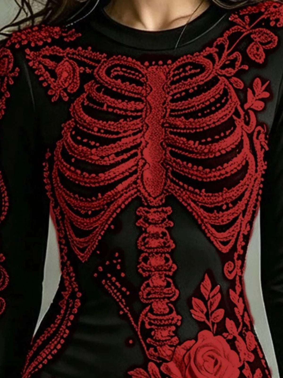 Floral skeleton dress, red skeleton print detail