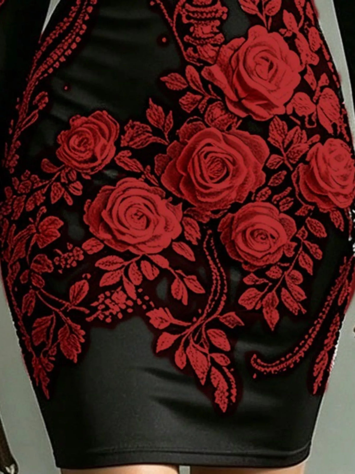 Floral skeleton dress, red floral print detail