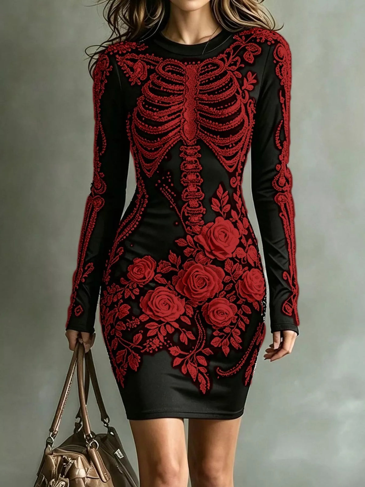 Floral skeleton dress, black with red print front