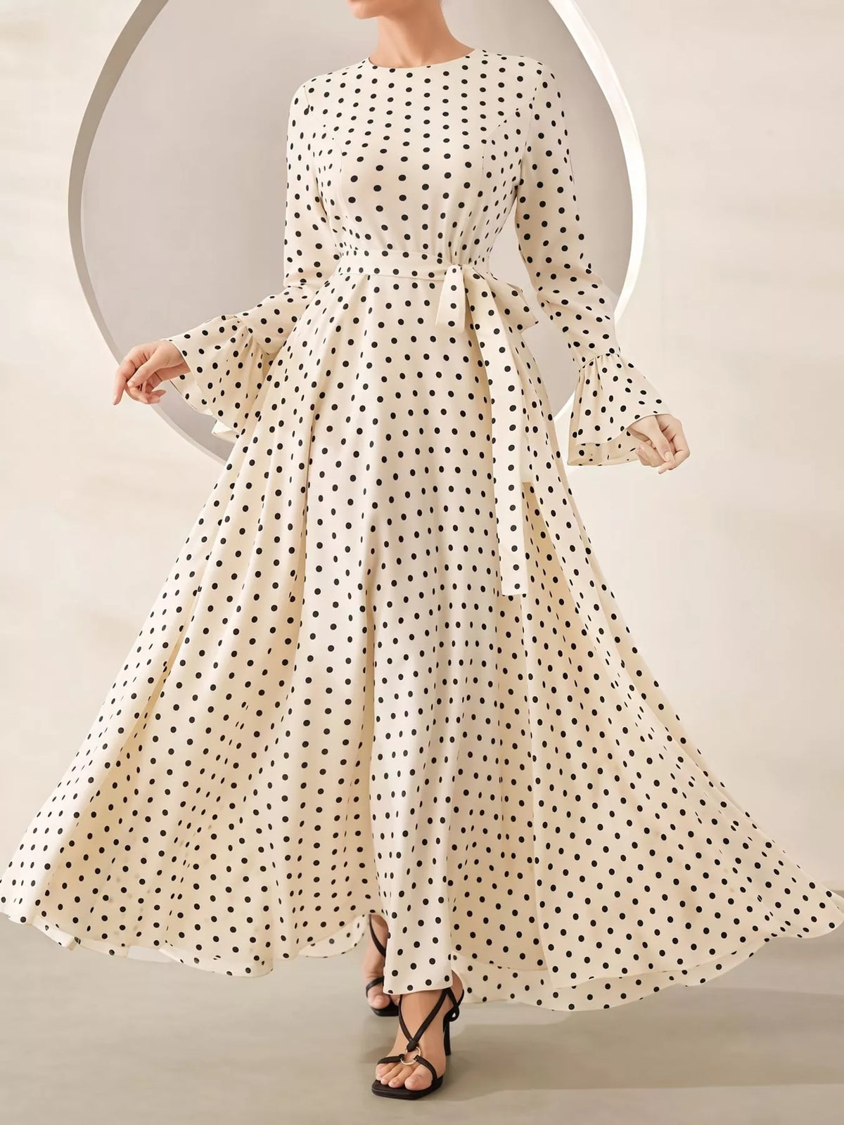 Polka Dot Long Sleeve Maxi Dress with Waist Tie in cream and black