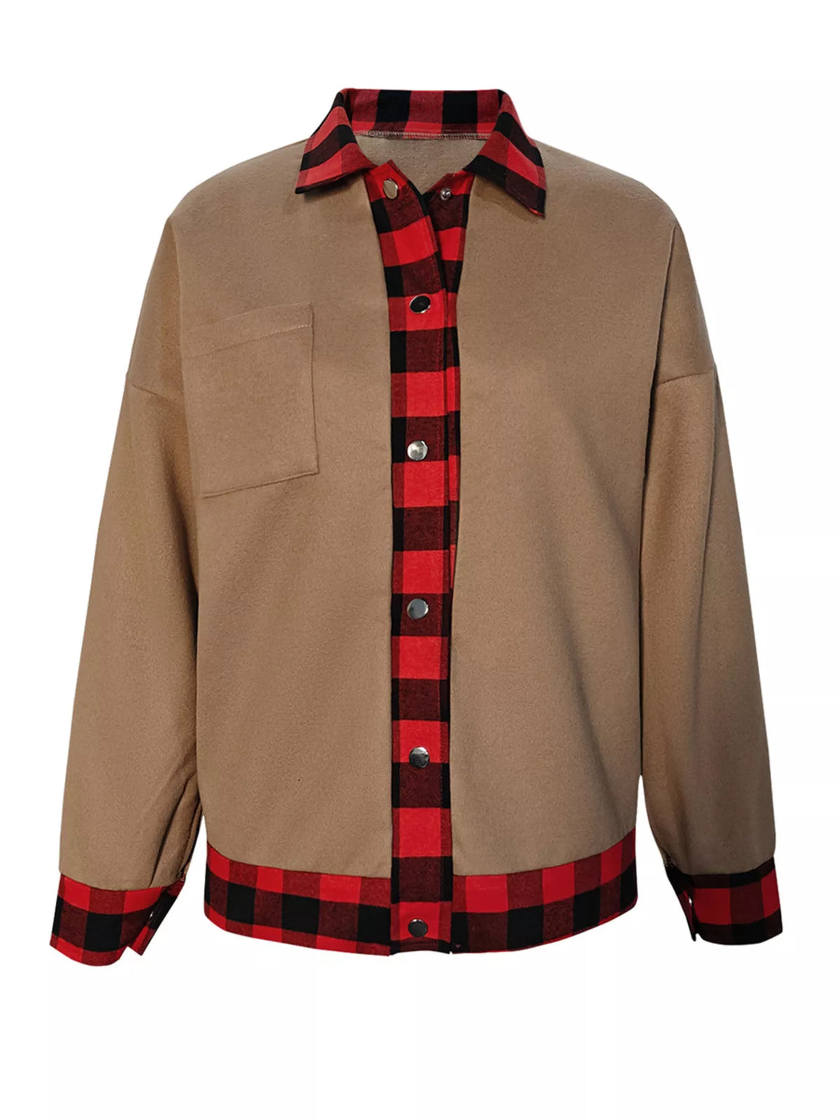 Tan plaid-trim overshirt, buttoned front, garment only