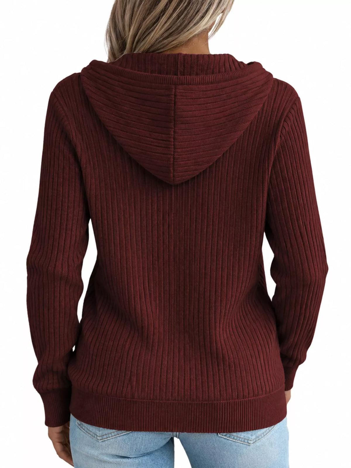 Burgundy Ribbed Knit Zip-Up Hooded Cardigan, back view