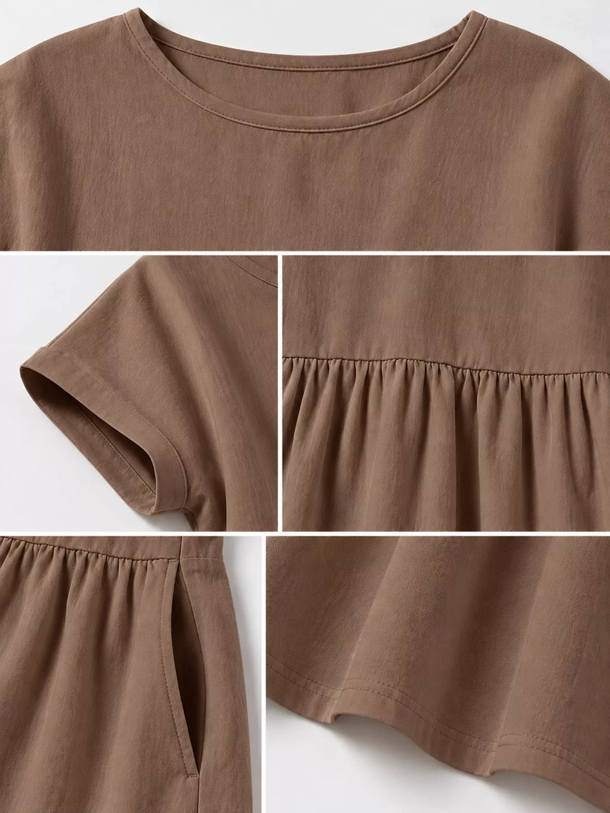 Round neck short sleeve midi dress, construction and design details