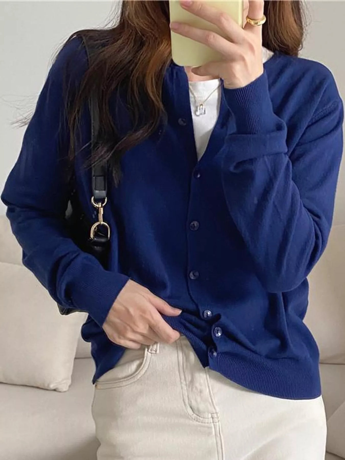 Women's Crew Neck Button-Down Knit Cardigan in navy — front view