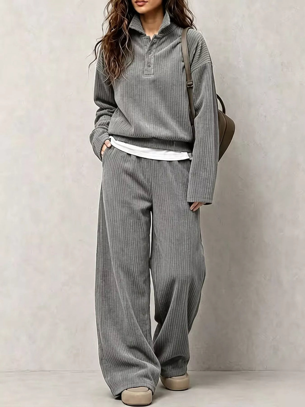 Women's Corduroy Button Detail Top and Wide-Leg Pants Set in gray — front view