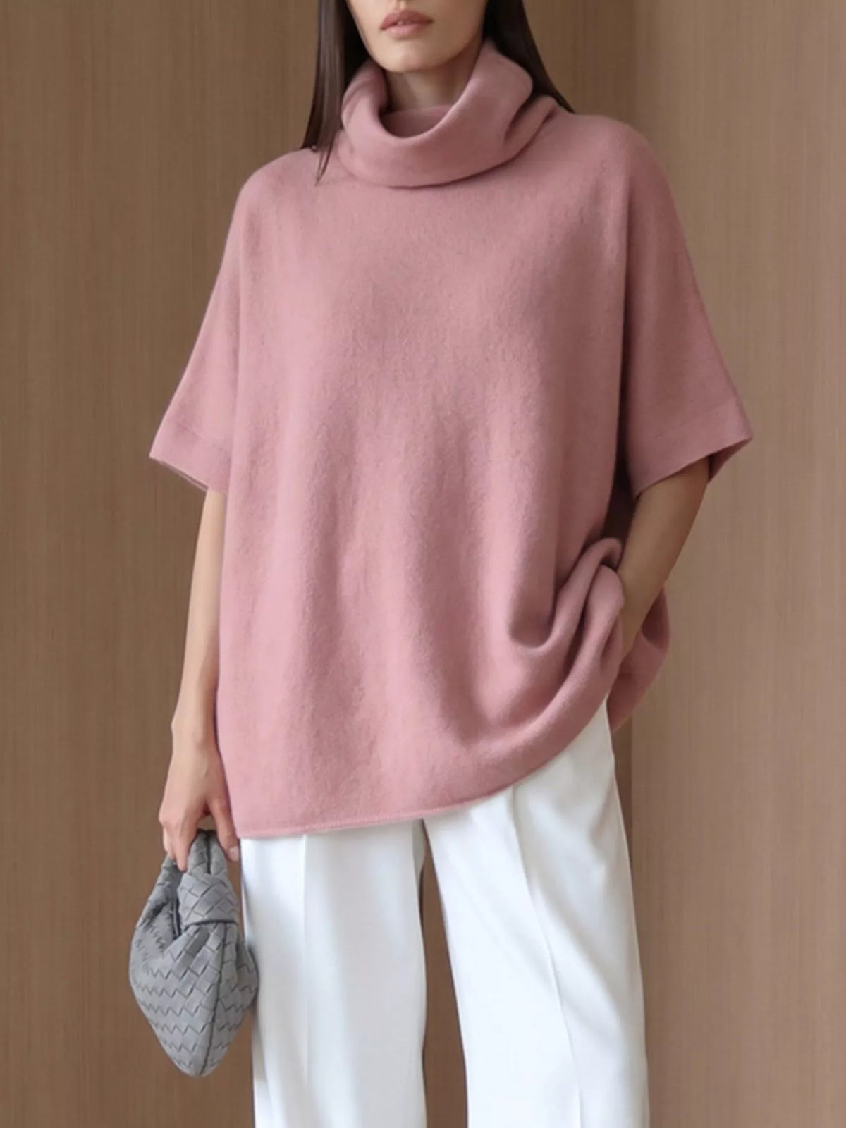 Fuzzy short-sleeve turtleneck sweater in pink, full front view