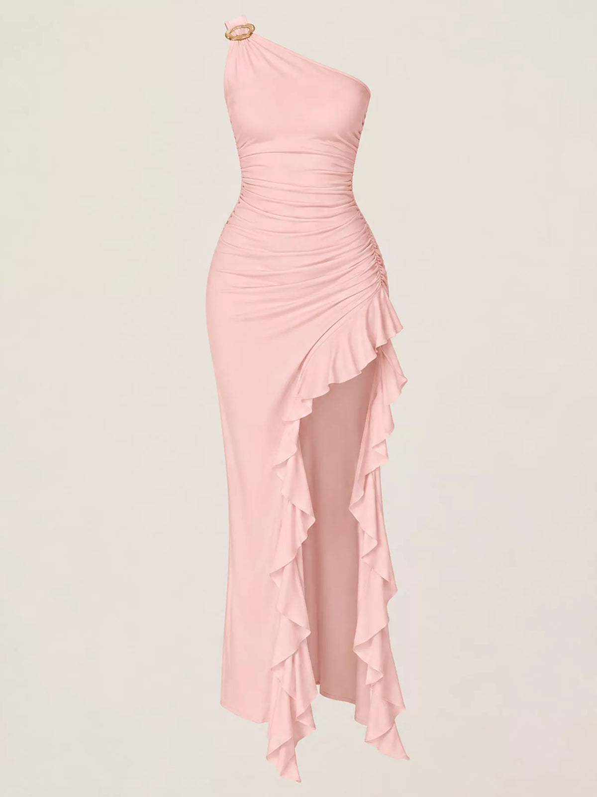 Pink one shoulder ruched ruffle hem maxi dress, front view