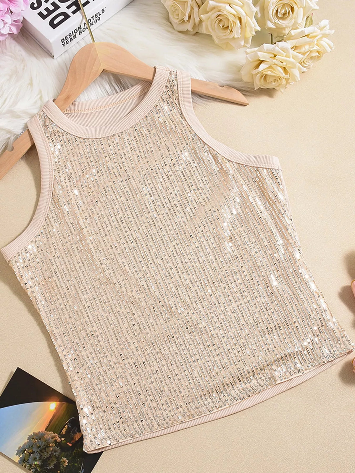Apricot sequin round neck tank