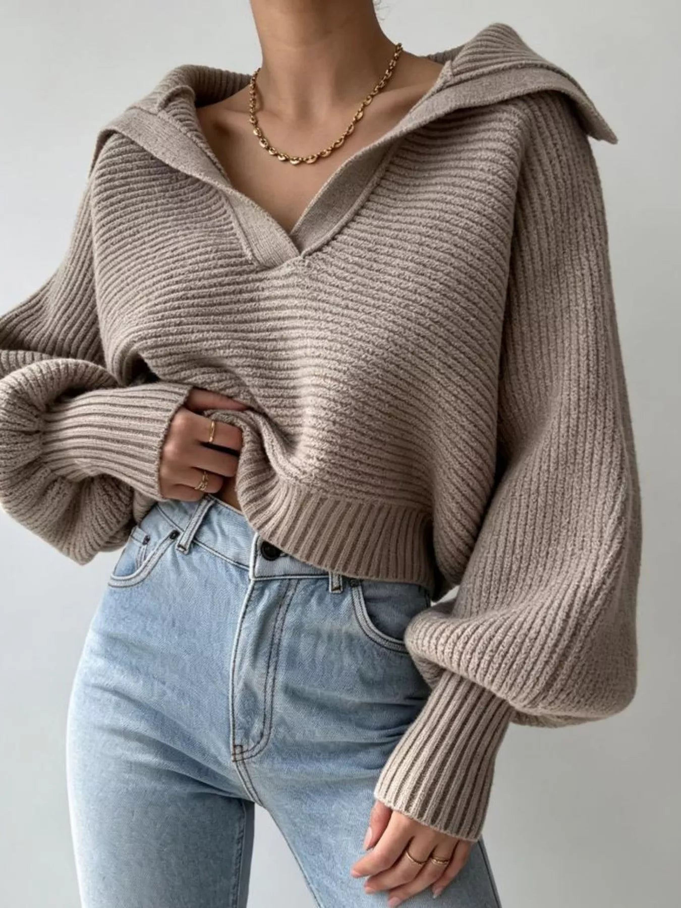 Trendsi Oversized Collar Ribbed Cropped Sweater -