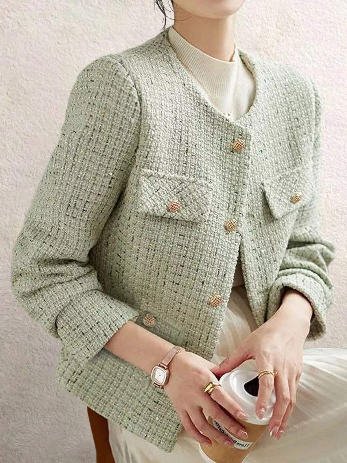 Textured Jacket with Gold-Tone Button Accents in matcha green