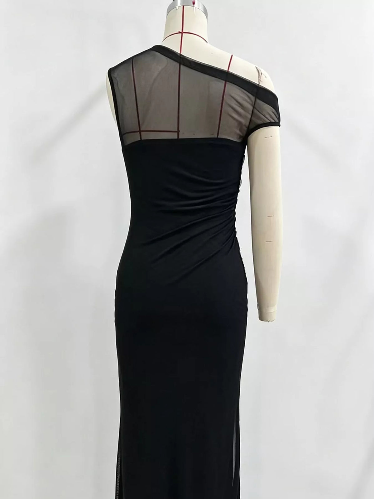 Black floral one-shoulder maxi dress, back on mannequin