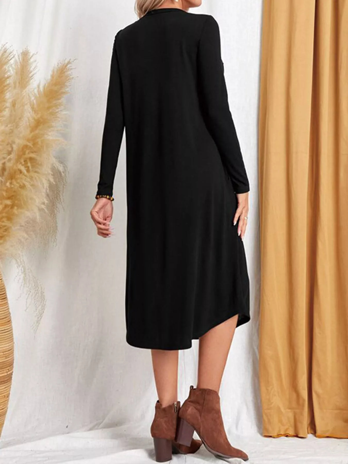 Round neck long sleeve midi dress, back view