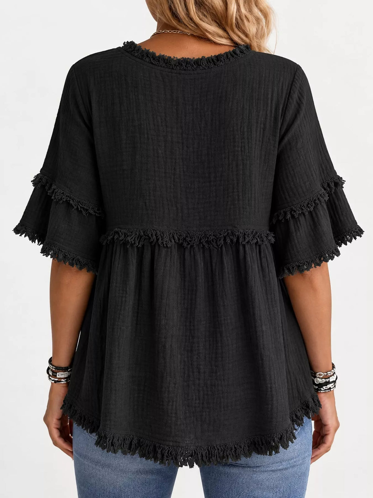 Black frayed edge textured blouse, back view