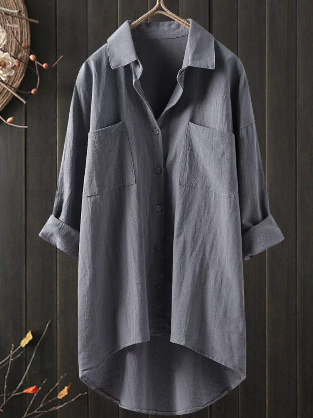 Cotton chest-pocket shirt, gray hanging front