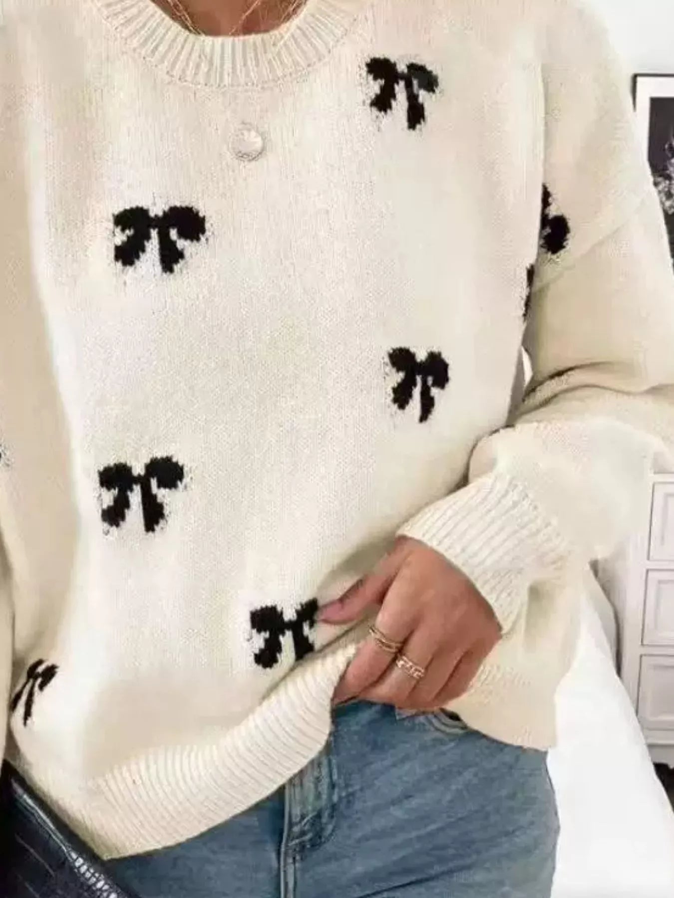 Trendsi Bow Round Neck Dropped Shoulder Sweater -