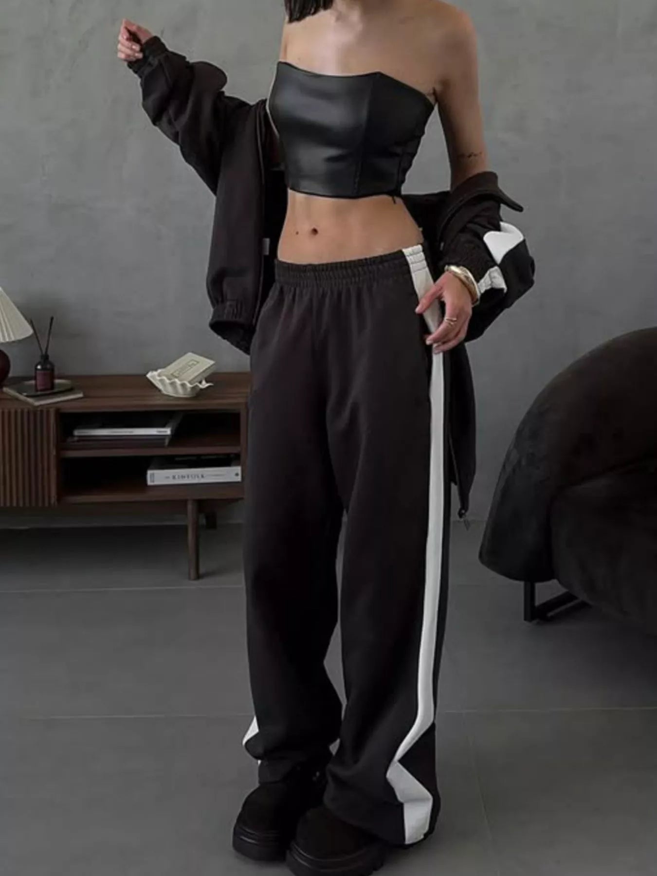 Trendsi Contrast Side Stripe Zip Up Top and Pants Set -
