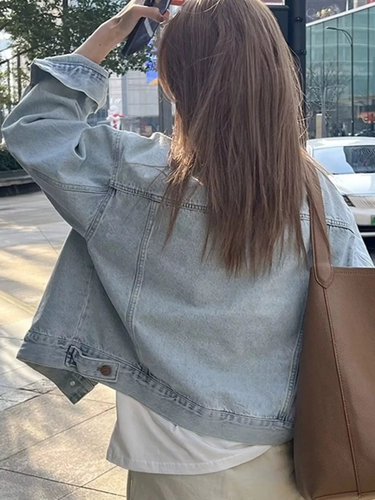 Button-Up Dropped Shoulder Denim Jacket — back view