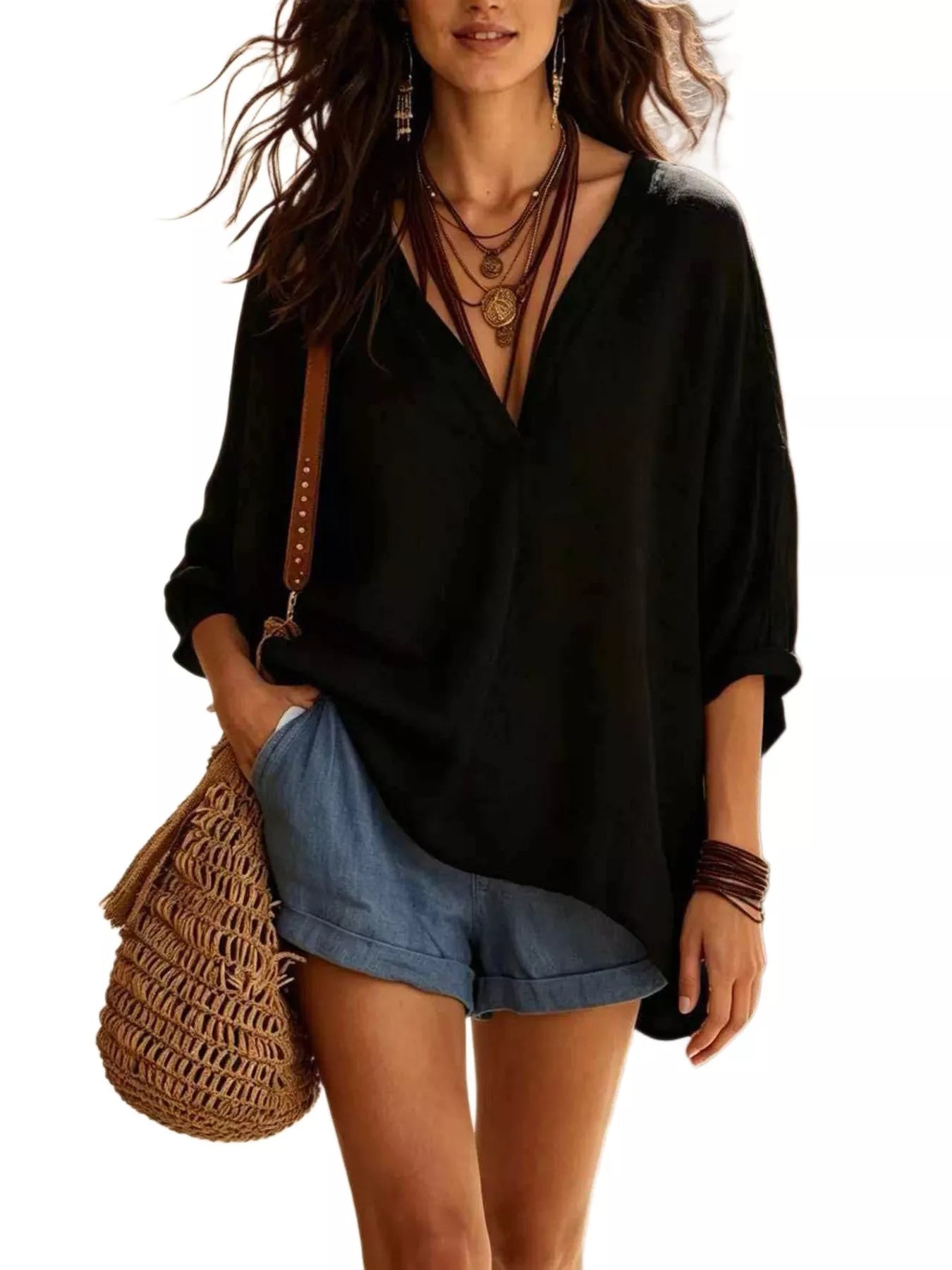 Trendsi Full Size V-Neck Loose Fit Linen Blend Blouse Plus Size -