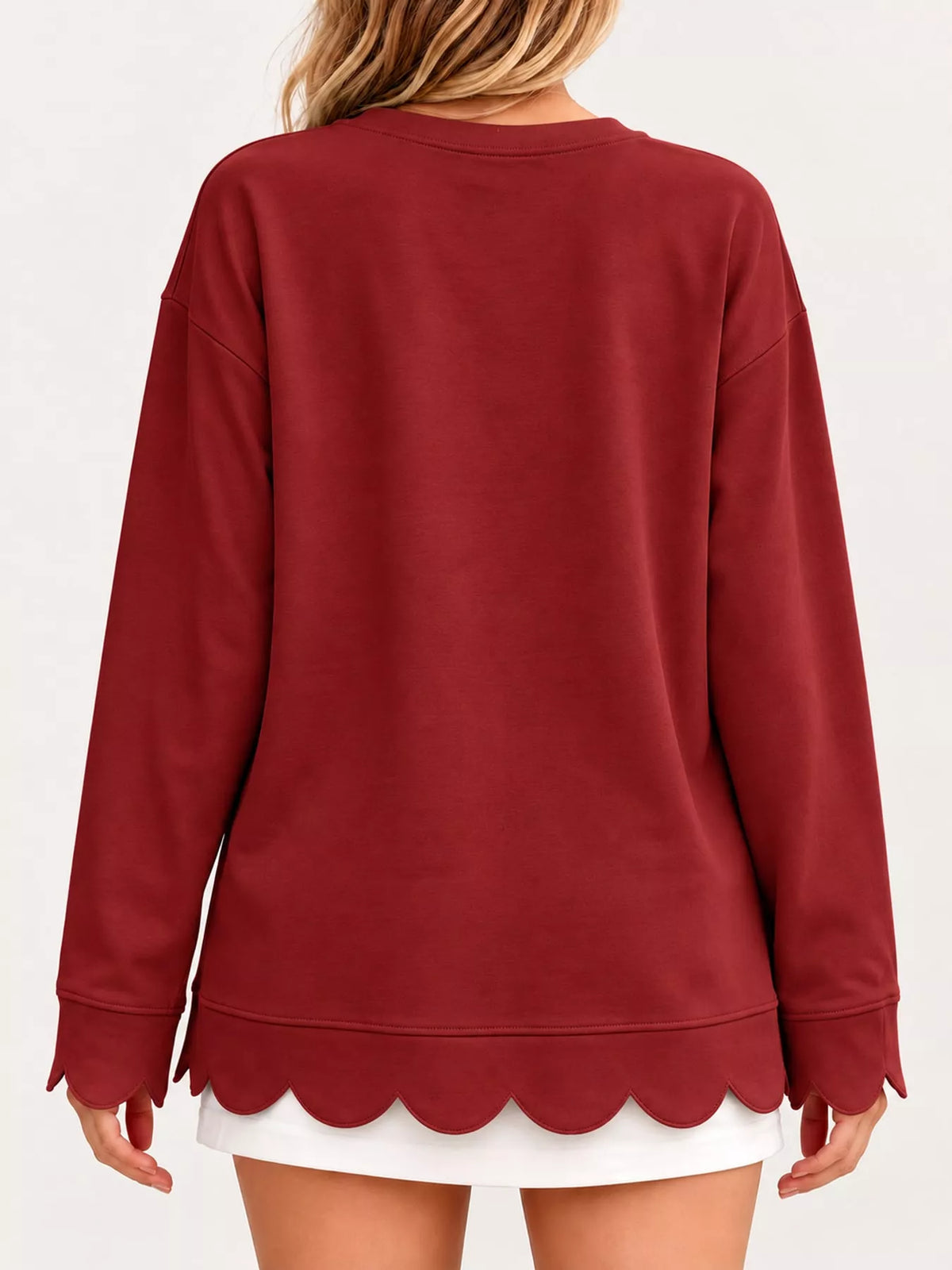 Brick Red scalloped hem crewneck sweatshirt, back view