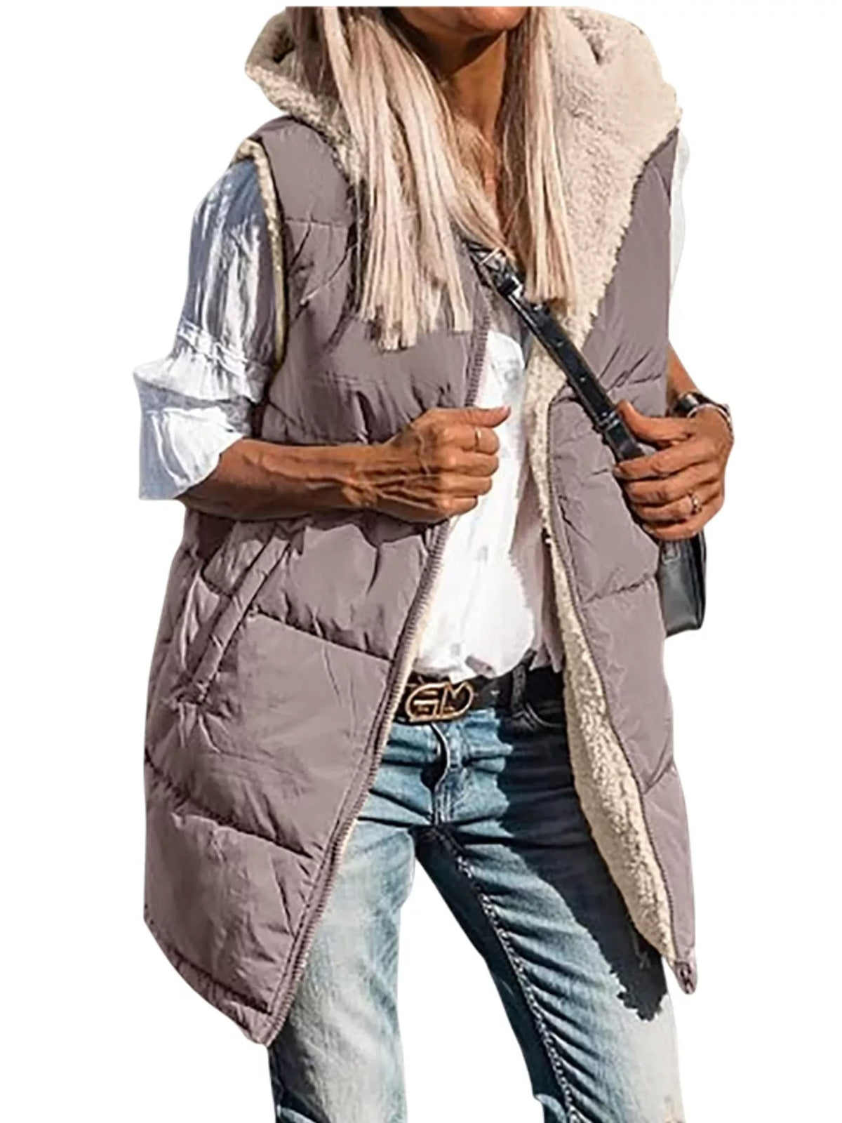 Taupe hooded sherpa-lined puffer vest