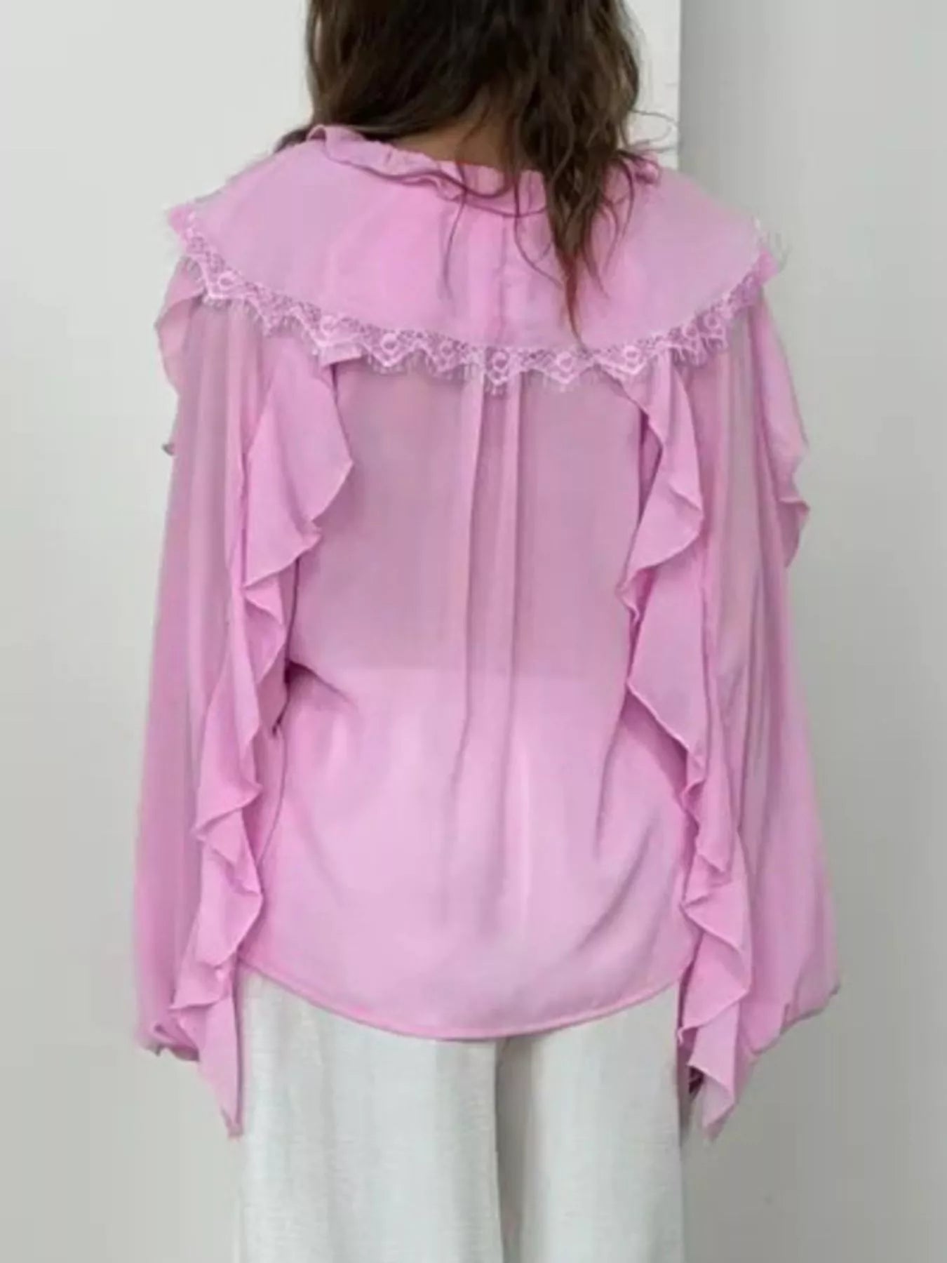 Trendsi V-Neck Ruffled Lace Trim Blouse -