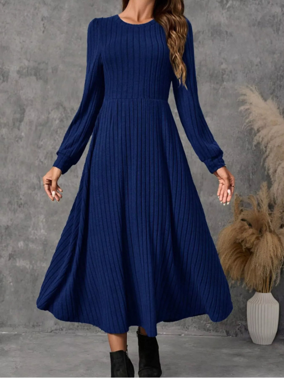 Women's Ribbed Knit Long Sleeve A-Line Midi Dress in blue — front view