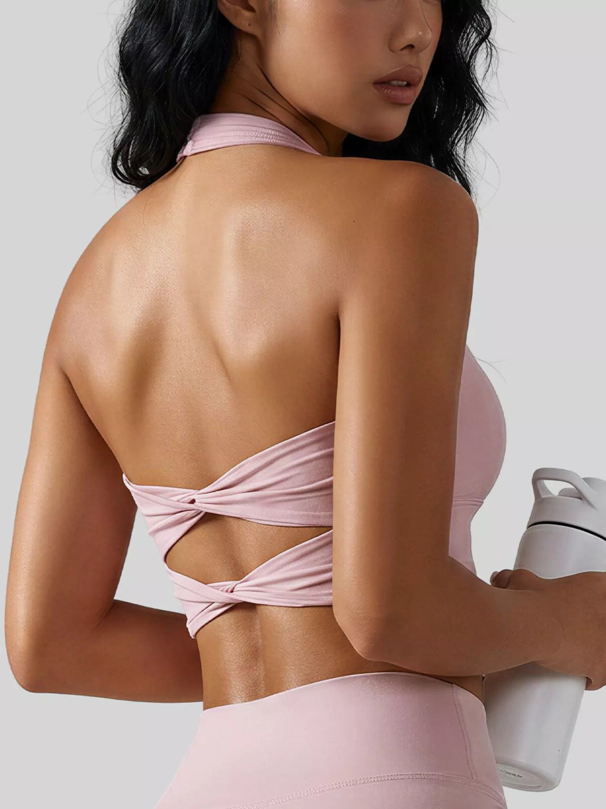 Dusty Pink Twisted Back Halter Neck Active Bra front view