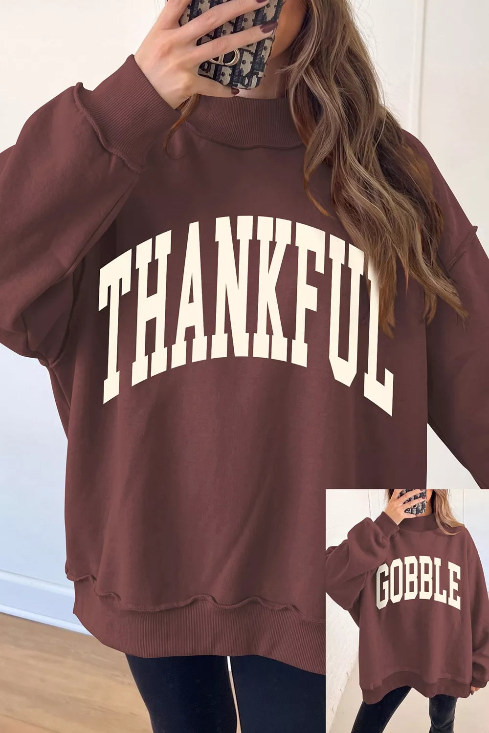 Brown thanksgiving high neck graphic sweatshirt