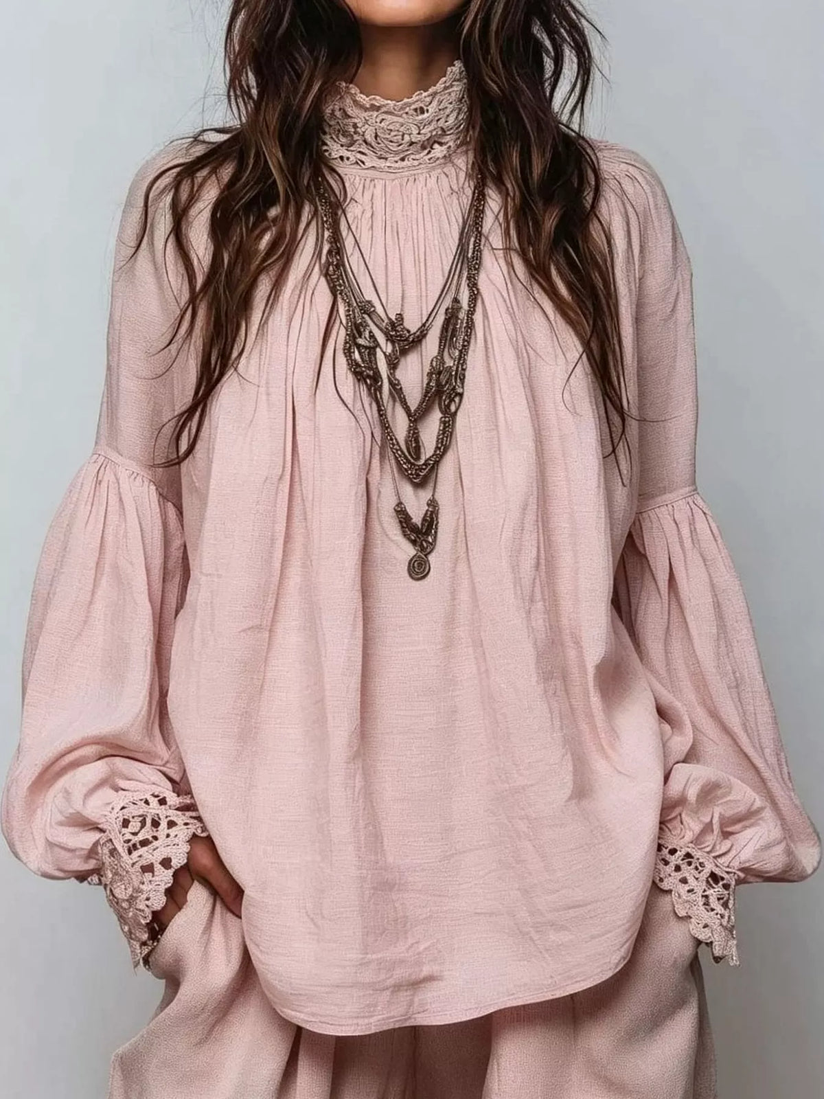 Pink lace mock neck long sleeve blouse