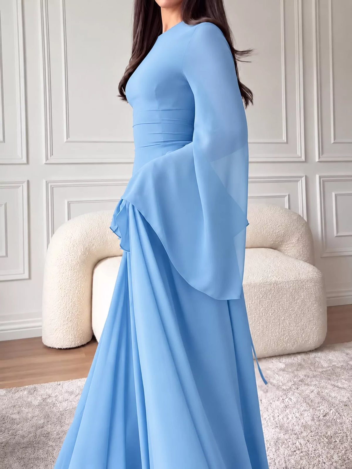 Light blue ruffled flare sleeve maxi dress, side view