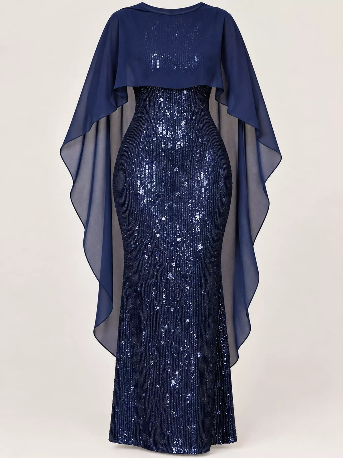 Women's Sequin Cape Overlay Evening Dress in navy — flat lay view