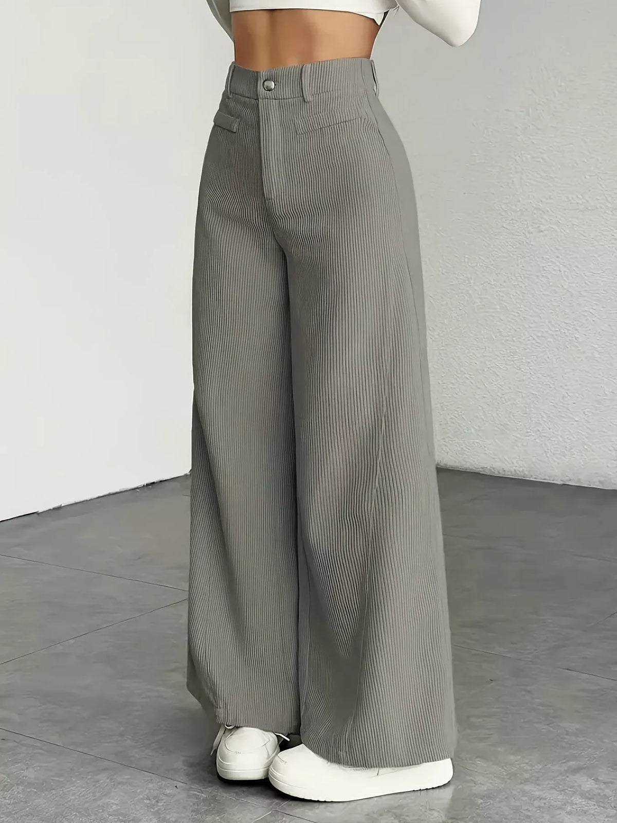 Gray high-waisted wide-leg pants