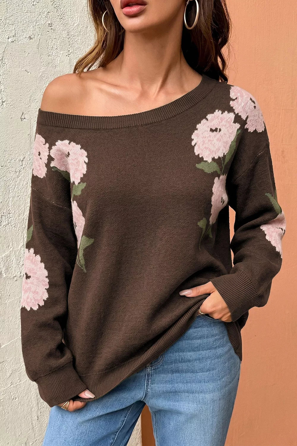 Trendsi Floral Print Drop Shoulder Relaxed Sweater -