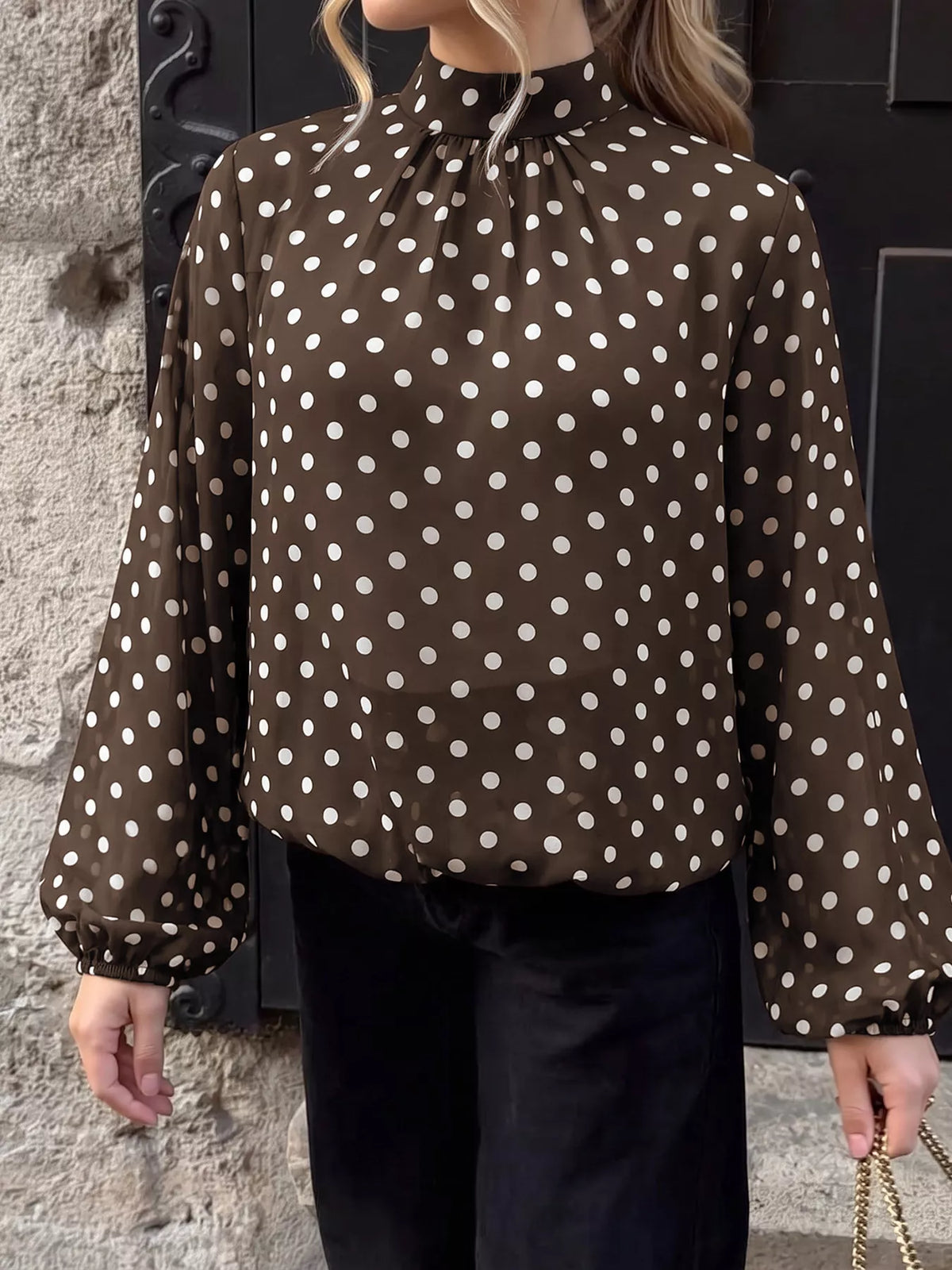 Trendsi Polka Dot Mock Neck Long Sleeve Blouse -
