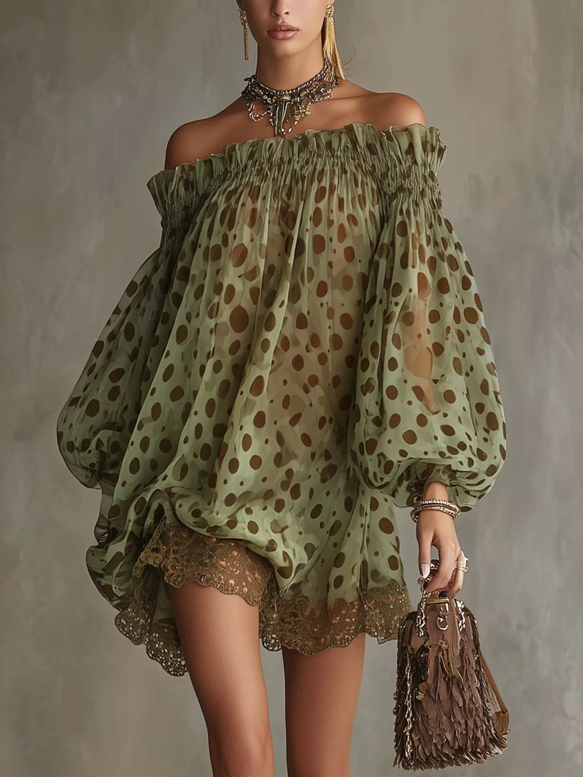 Trendsi Off-Shoulder Polka Dot Sheer Mini Dress -