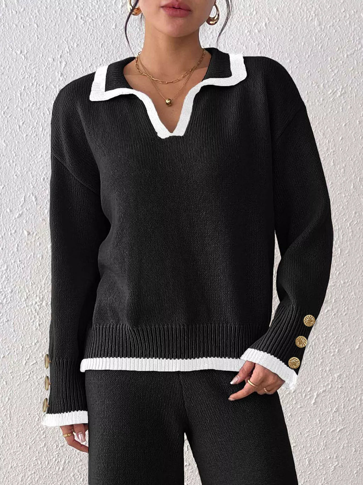 Black contrast-trim polo collar sweater, front view