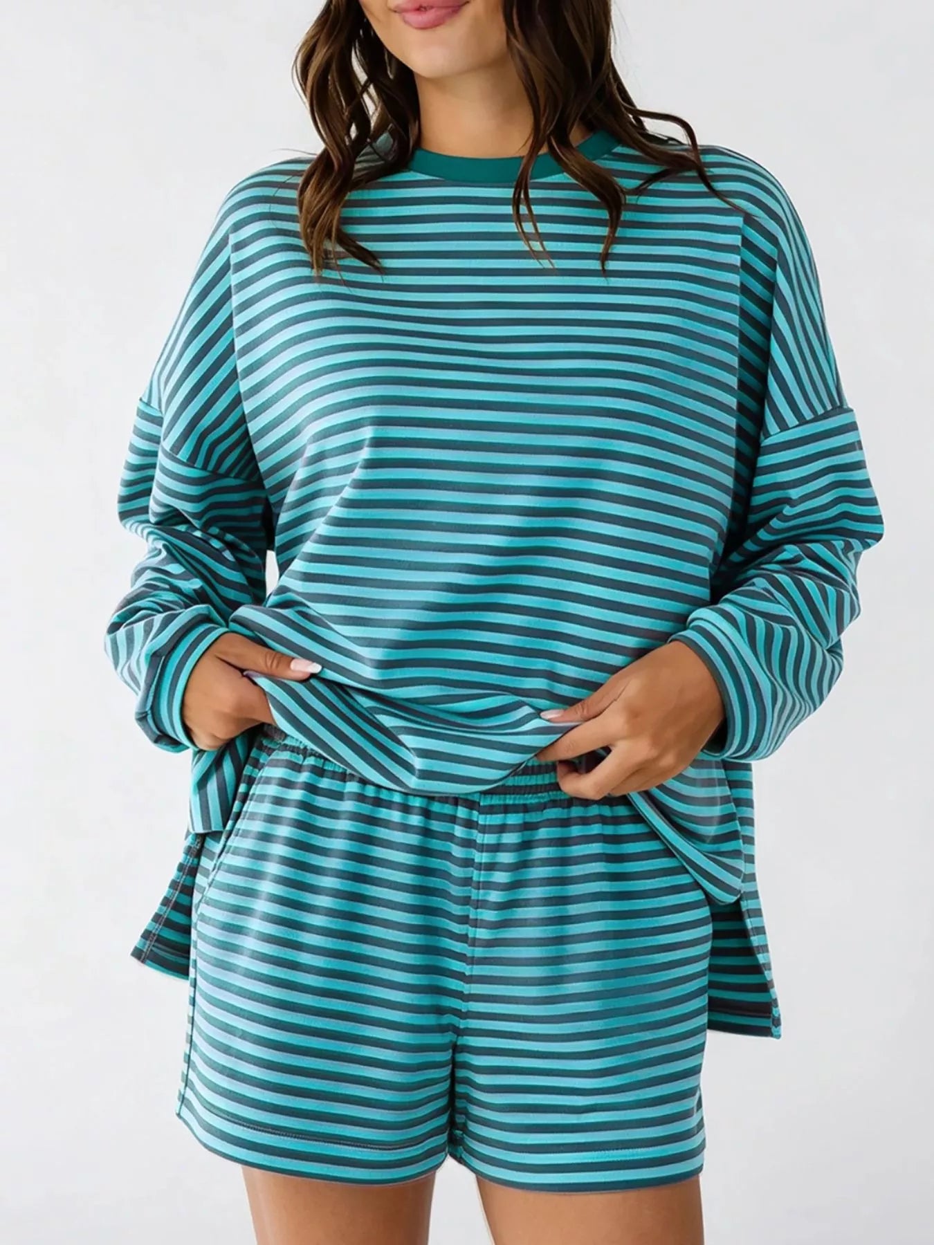 Trendsi Casual Striped Long Sleeve Top and Shorts Set -
