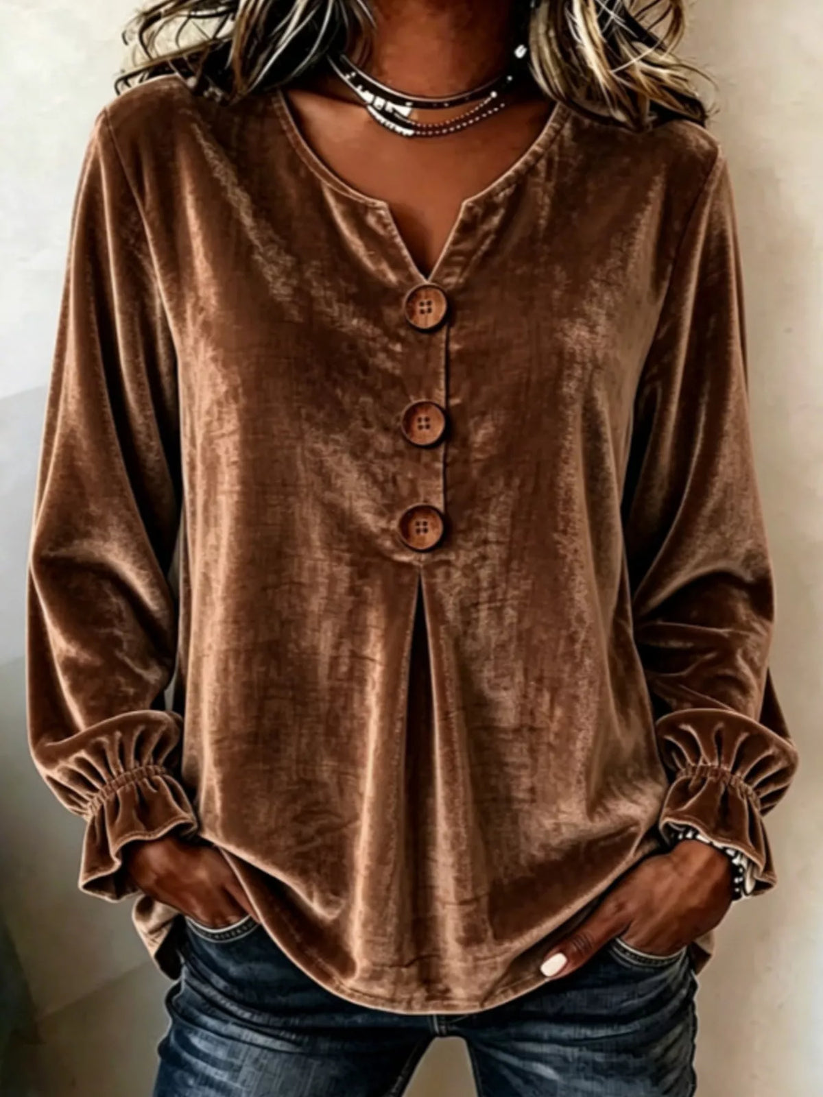 Brown velvet balloon-sleeve blouse, front view