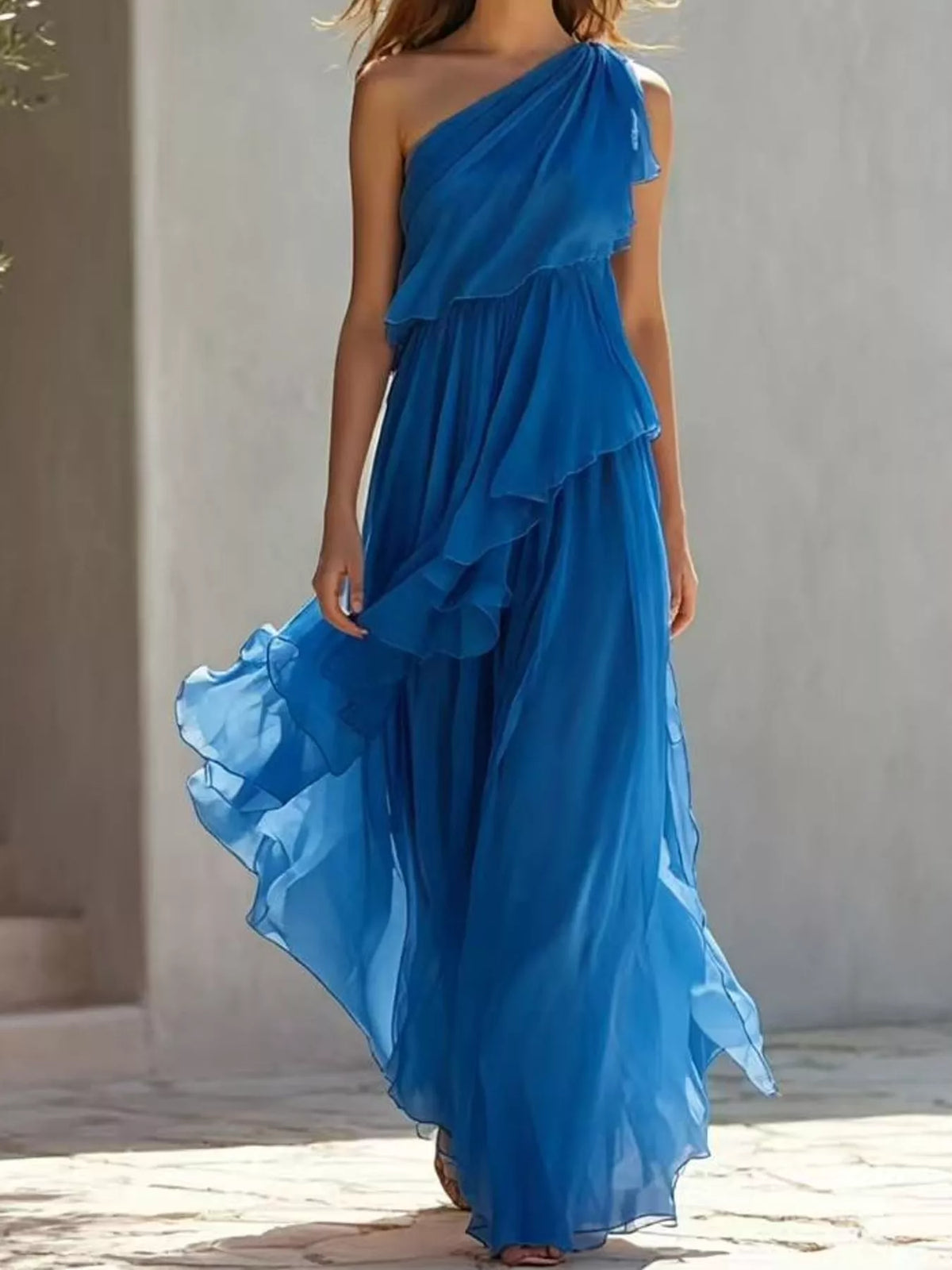 Women's One-Shoulder Ruffled Chiffon Maxi Dress in blue — front view