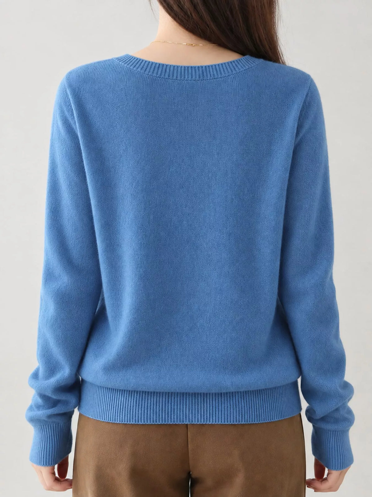 V-Neck Knit Sweater, back view in blue